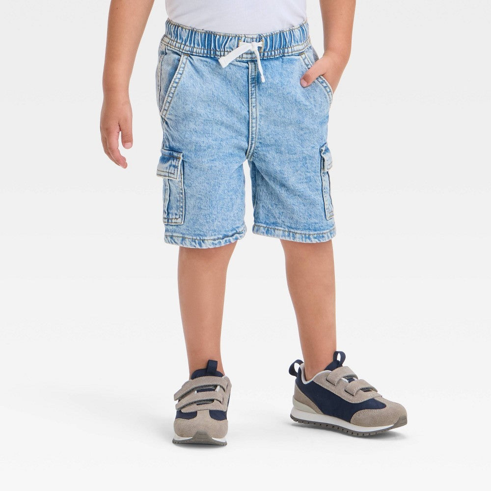 Toddler Boys' Pull-on Denim Cargo Shorts - Cat & Jack™ Light Wash 4T: Cotton-Spandex Blend, Midweight, Low Rise, Front Snap Closure
