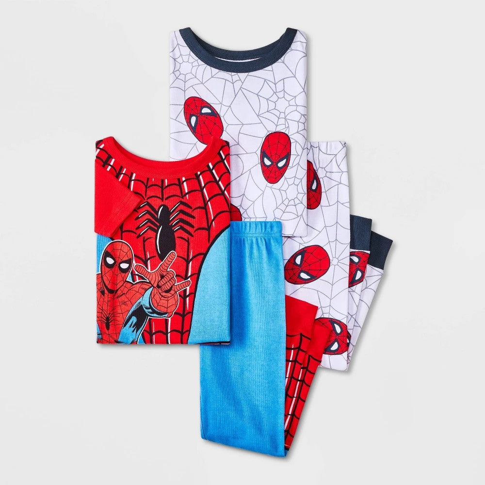 Toddler Boys' 4pc Snug Fit Cotton Spider-Man Pajama Set - Red 4T: Crew Neck, Short & Long Sleeve, Machine Washable