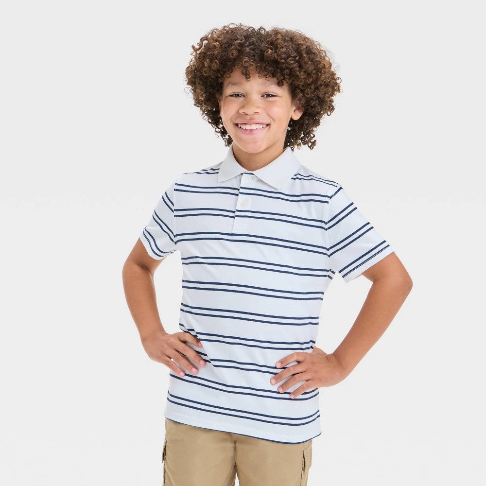 Cat & Jack Boys' Striped Polo Shirt, Cream/Blue, Size S