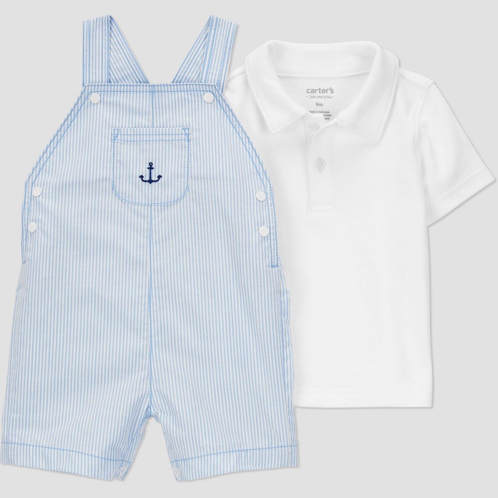 Carter's Just One You® Baby Boys' Striped Anchor Shortalls Set - Blue/White 6M: Cotton Polo Shirt & Shortall, Snap Closure