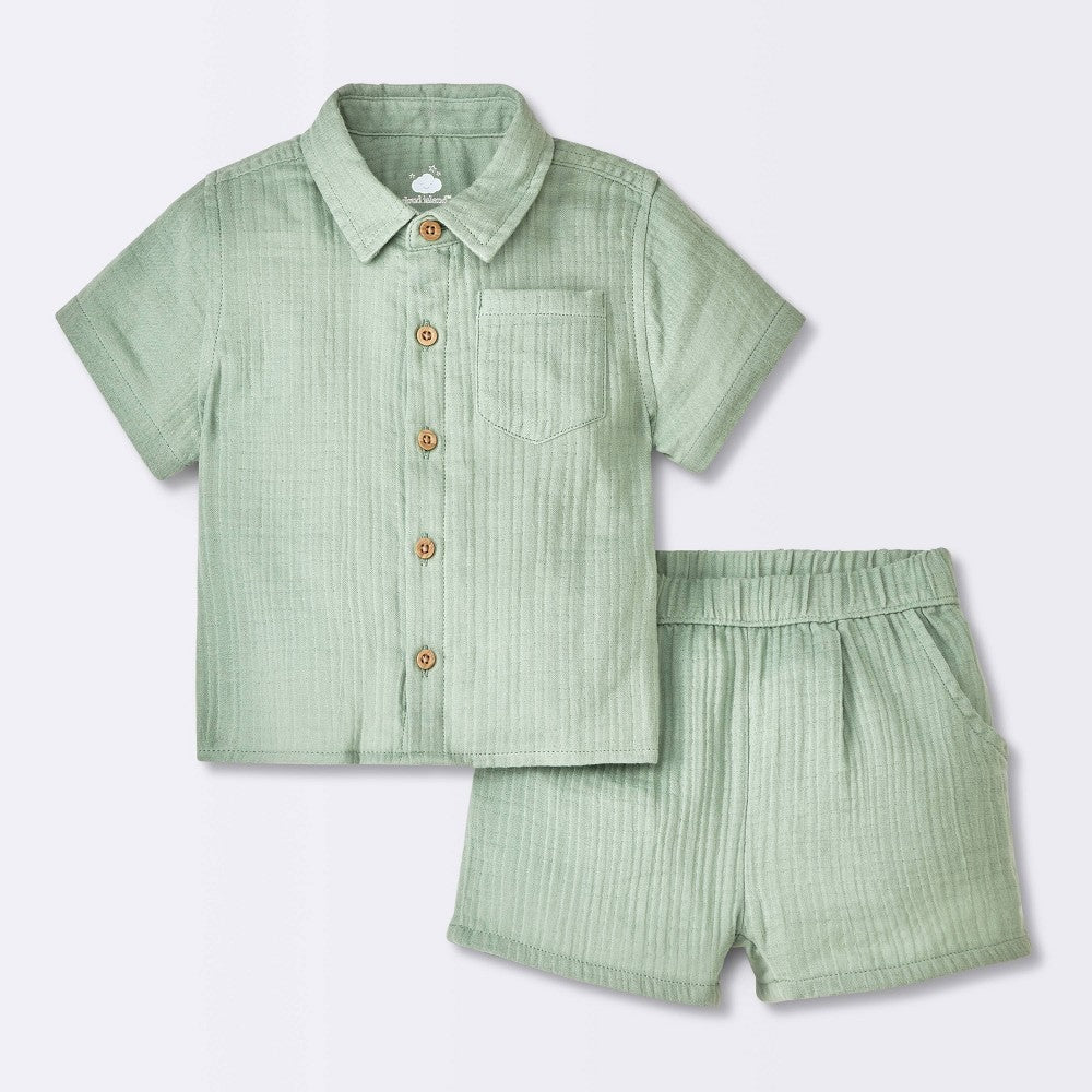 Baby Boys' Gauze Slub T-Shirt & Shorts Set - Cloud Island Green Newborn