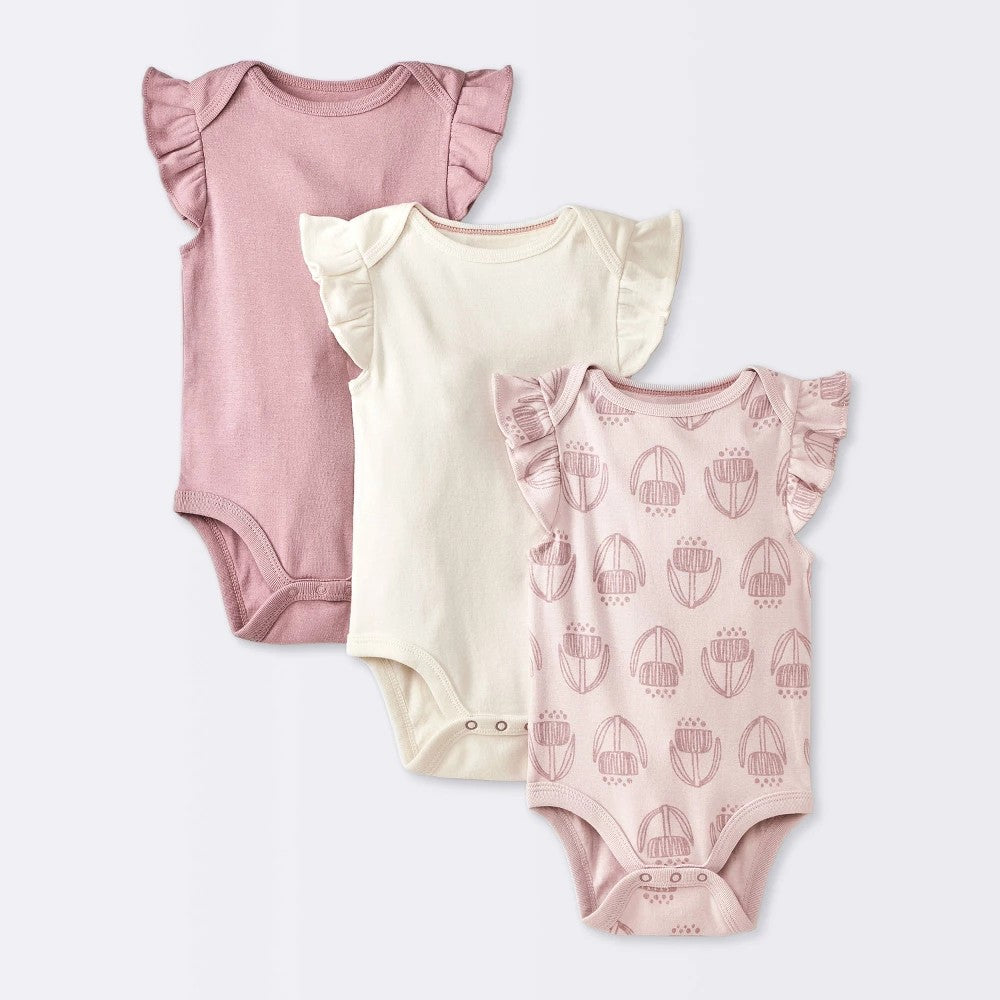 Baby Girls' 3pk Sleeveless Ruffle Bodysuit - Cloud Island™ Pink Newborn: Cotton, Floral & Solid Patterns, Lap Shoulder