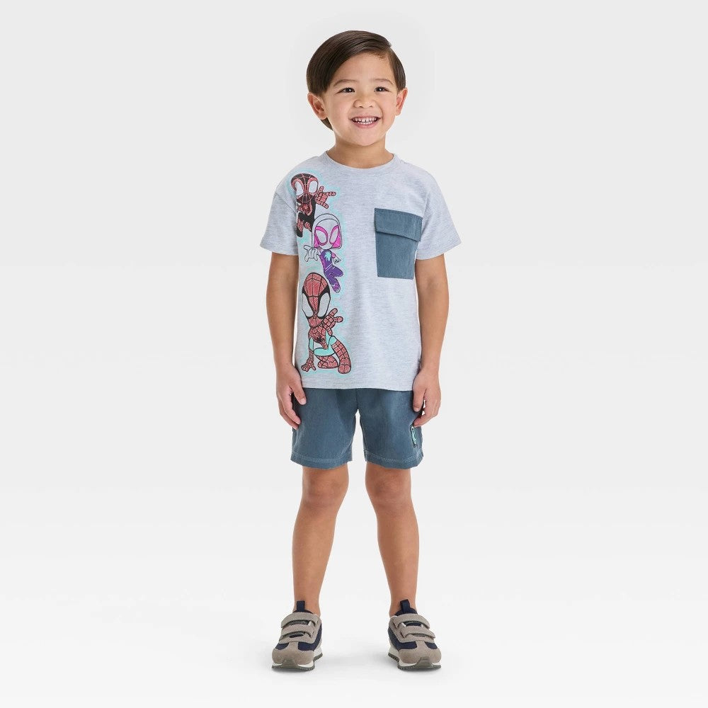 Toddler Boys' 2pc Marvel Spidey & Friends Miles Morales Ghost Spider Pocket T-Shirt & Brushed Active Shorts Set - Gray 5T
