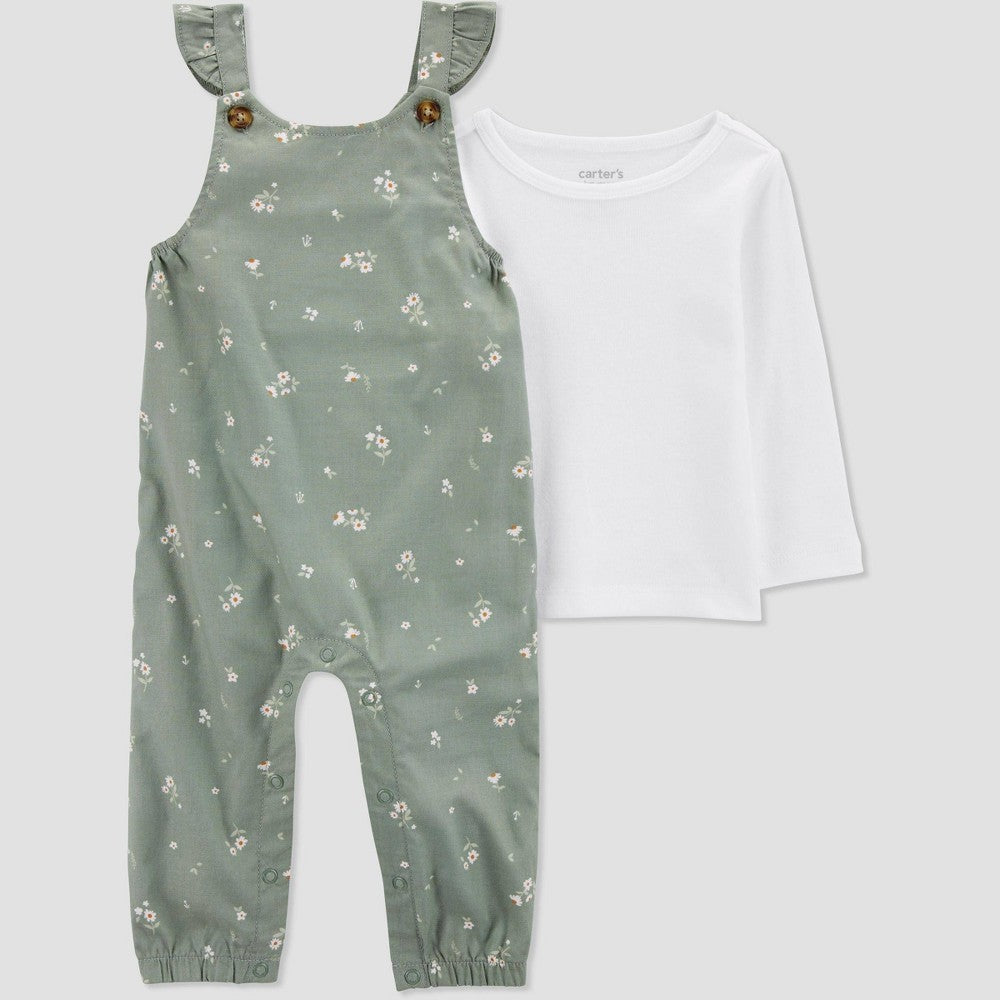 Carter's Floral Overalls 18M - Green Romper Snap Closure girl