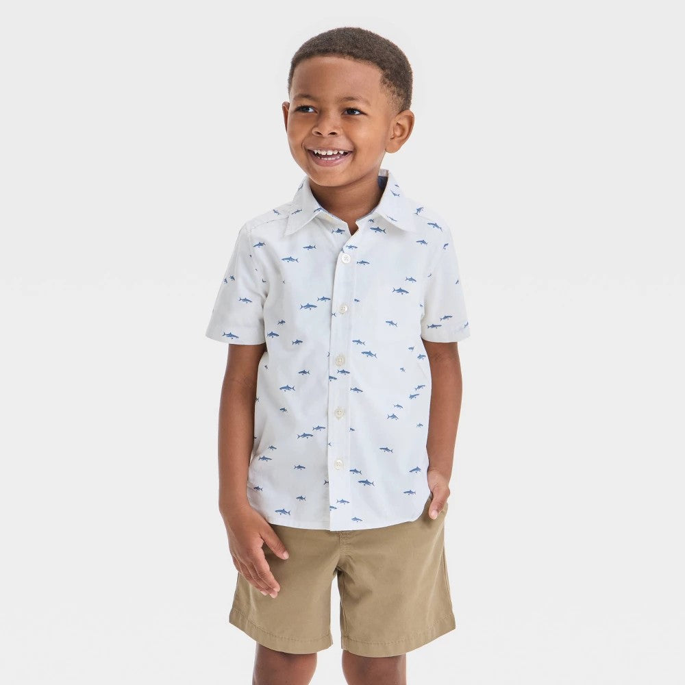 OshKosh B'gosh Toddler 3T Shark Print Woven Shirt - White/Blue boys