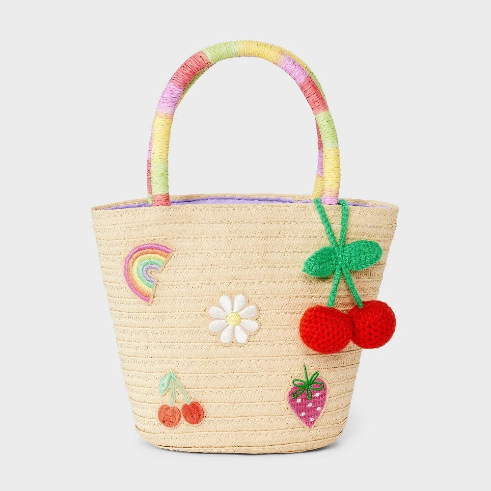 Cat & Jack™ Girls' Paper Straw Tote Handbag Double Handle, Fruit & Rainbow Pattern
