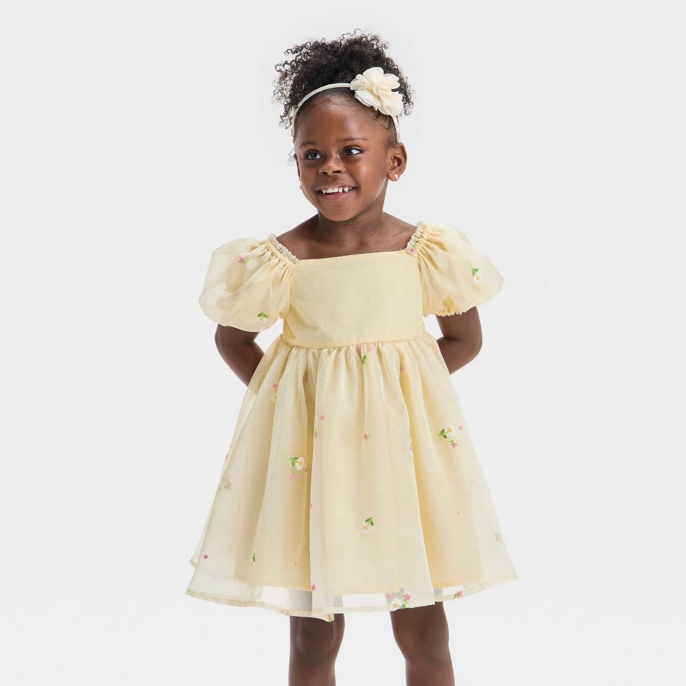 Andrey camillie Girls' Bell Sleeve Floral Dress 2T Yellow