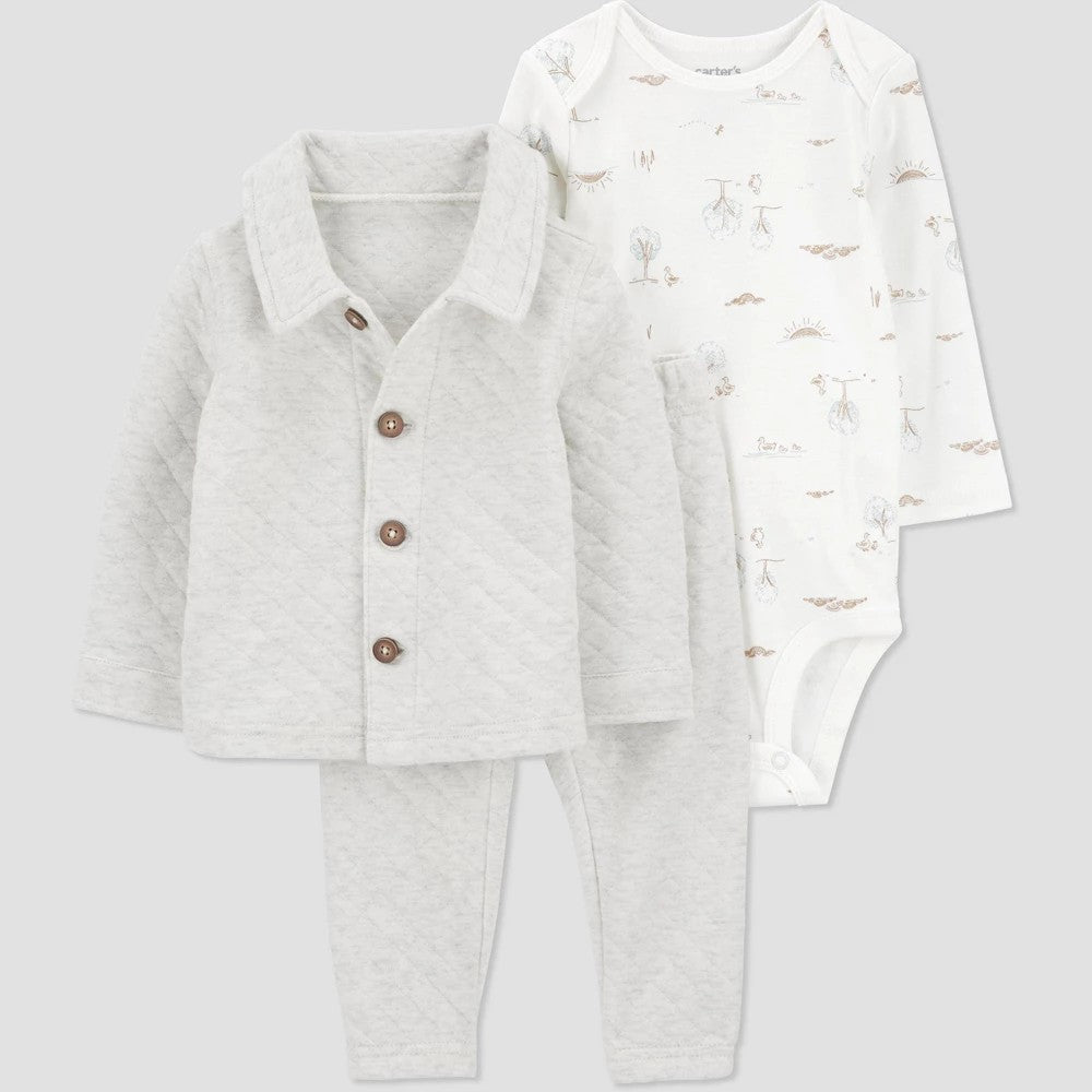 Carter's Just One You® Baby Boys' 3pc Top & Bottom Set - Gray 3M: Cardigan, Bodysuit, Elastic Waistband