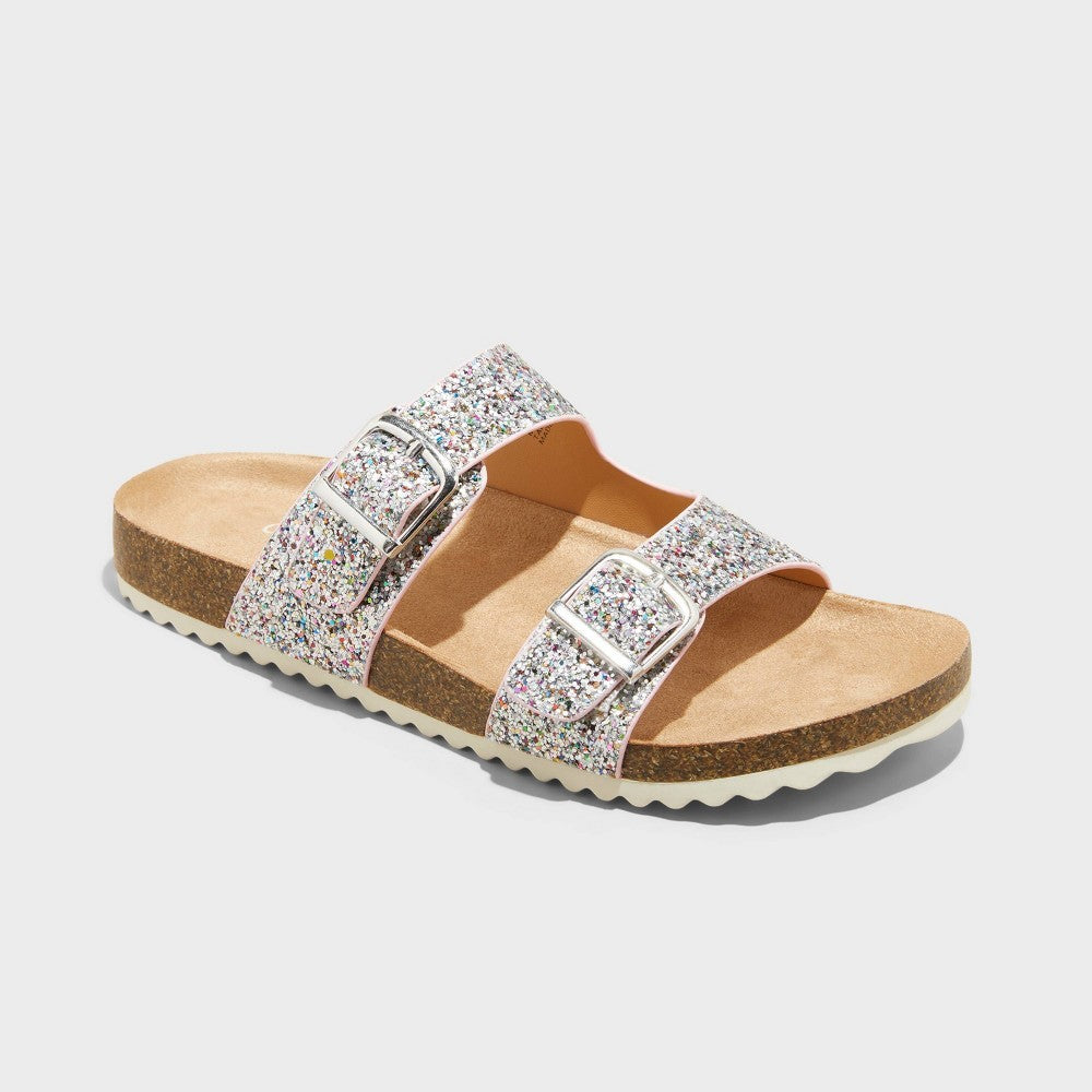 Kids' Drew Footbed Sandals - Cat & Jack™ Silver 4: Slip-on, Contoured Footbed, Open Toe, Flexible TPR Outsole - Girl