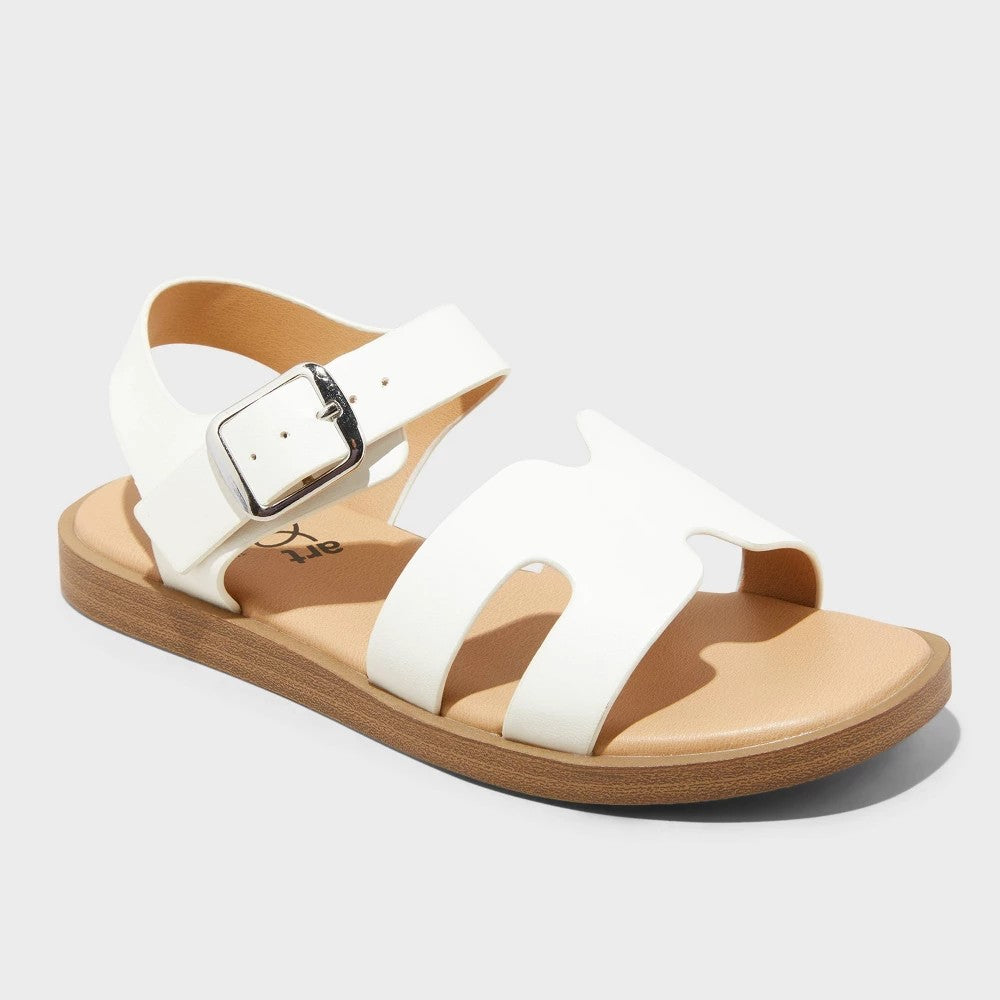 Kids' Mari Ankle Strap Sandals - Art Class™ White 4: Open Toe, Buckle Closure, Textured Outsole, Material - Girl