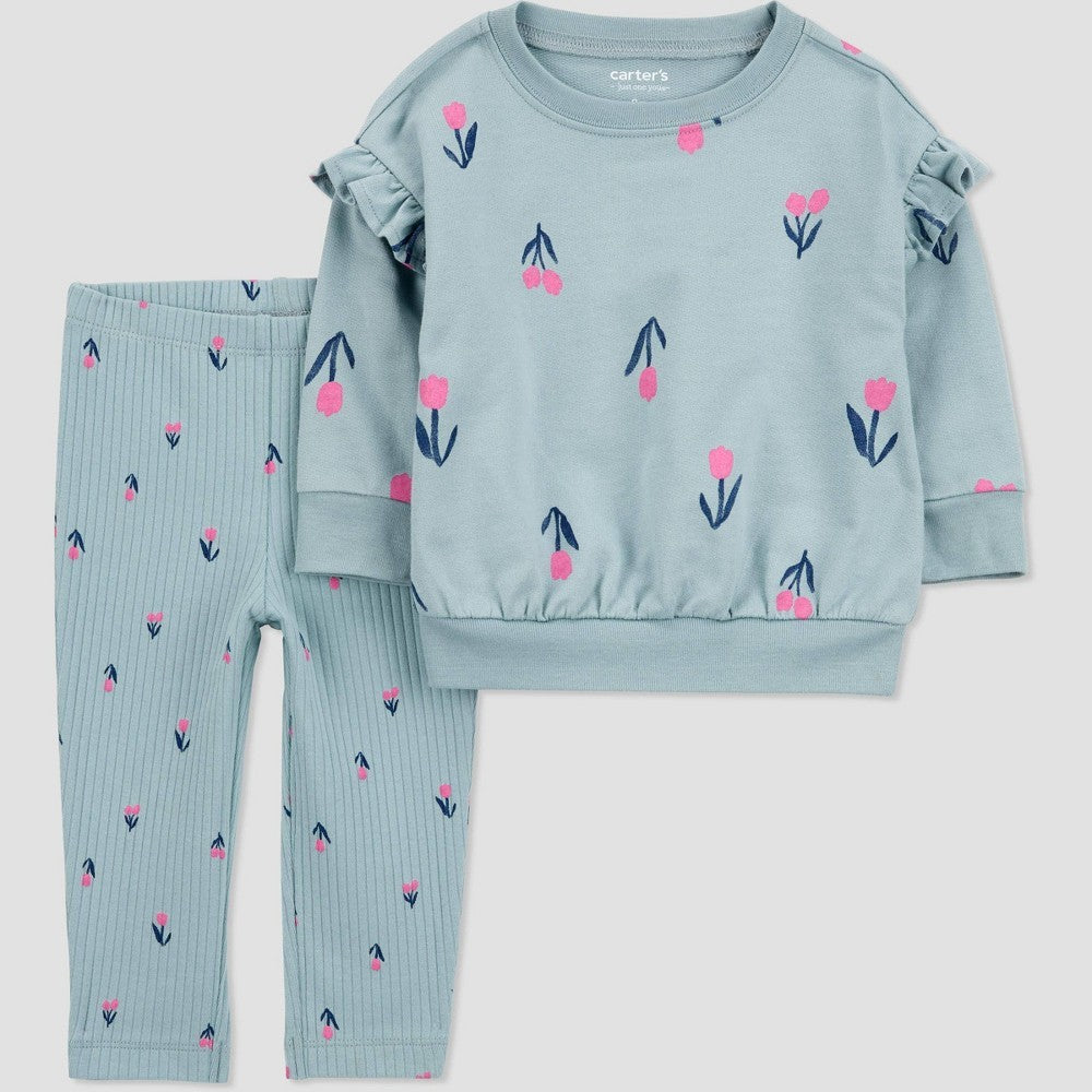 Carter's Just One You Baby Girls' Tulip Top & Bottom Set - Blue/Pink 3M: Floral Cotton Tunic & Legging, Long Sleeve