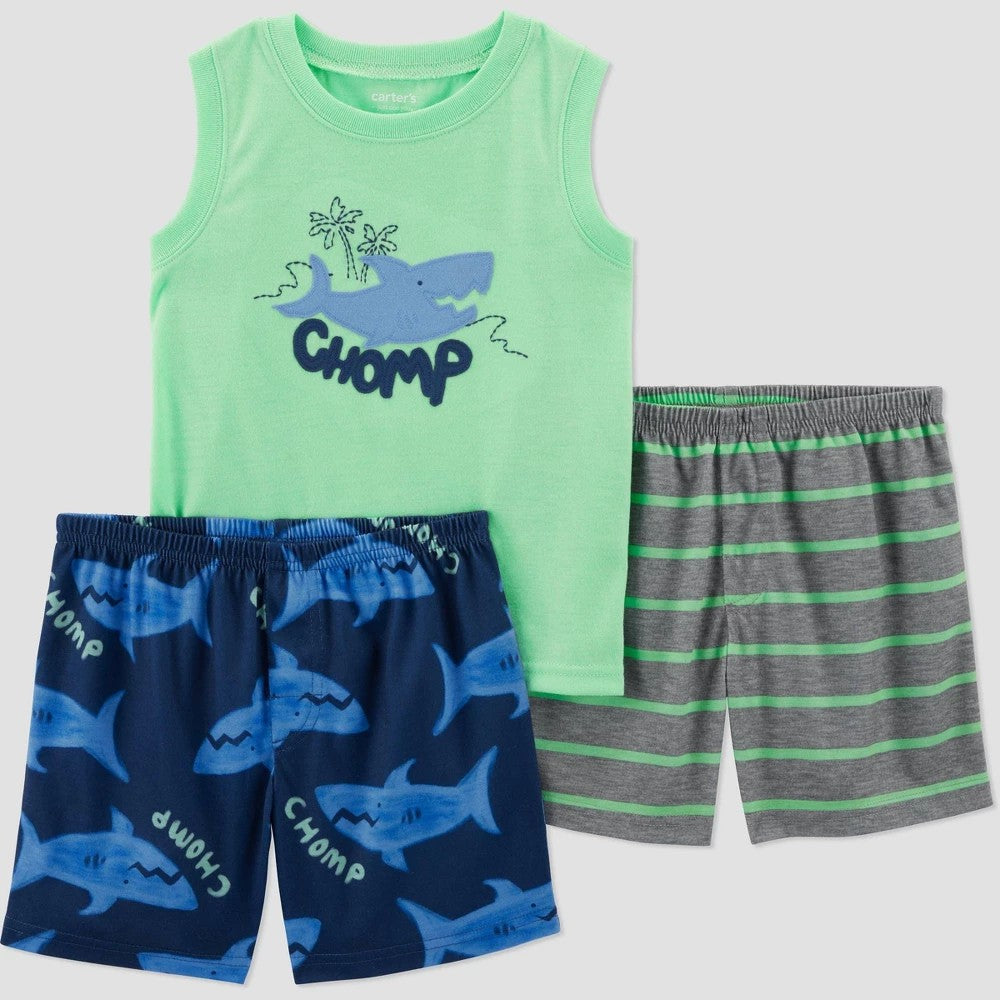 Carter's Just One You® Toddler Boys' 3pc Sharks Striped Pajama Set - Blue/Green 5T: Crew Neck, Elastic Waistband