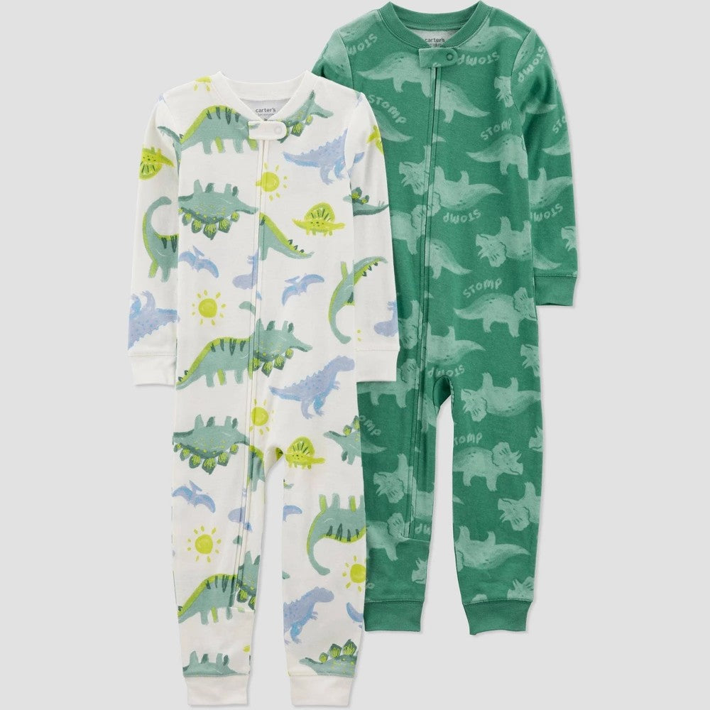 Carter's Toddler Boys' 2pk Dinosaur Footed Pajamas - Green/White 18 months