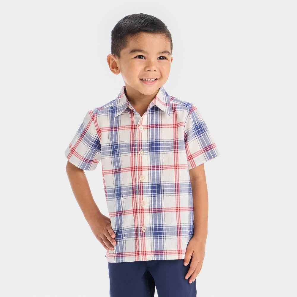 OshKosh B'gosh Toddler Boys' Short Sleeve Plaid Woven Shirt - Red/Blue/White 12M: Cotton Poplin, Button Down