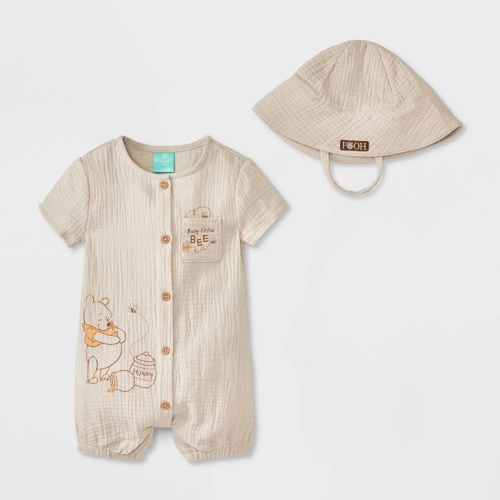 Baby Boys' 2pc Disney Beige Winnie the Pooh Gauze Romper and Hat Set