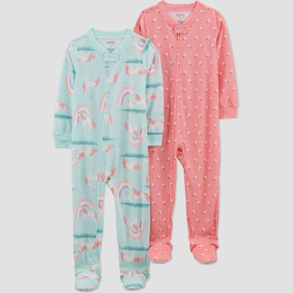 Carter's Girls' 2pk Rainbow Footed Pajamas - Pink/Blue 2T