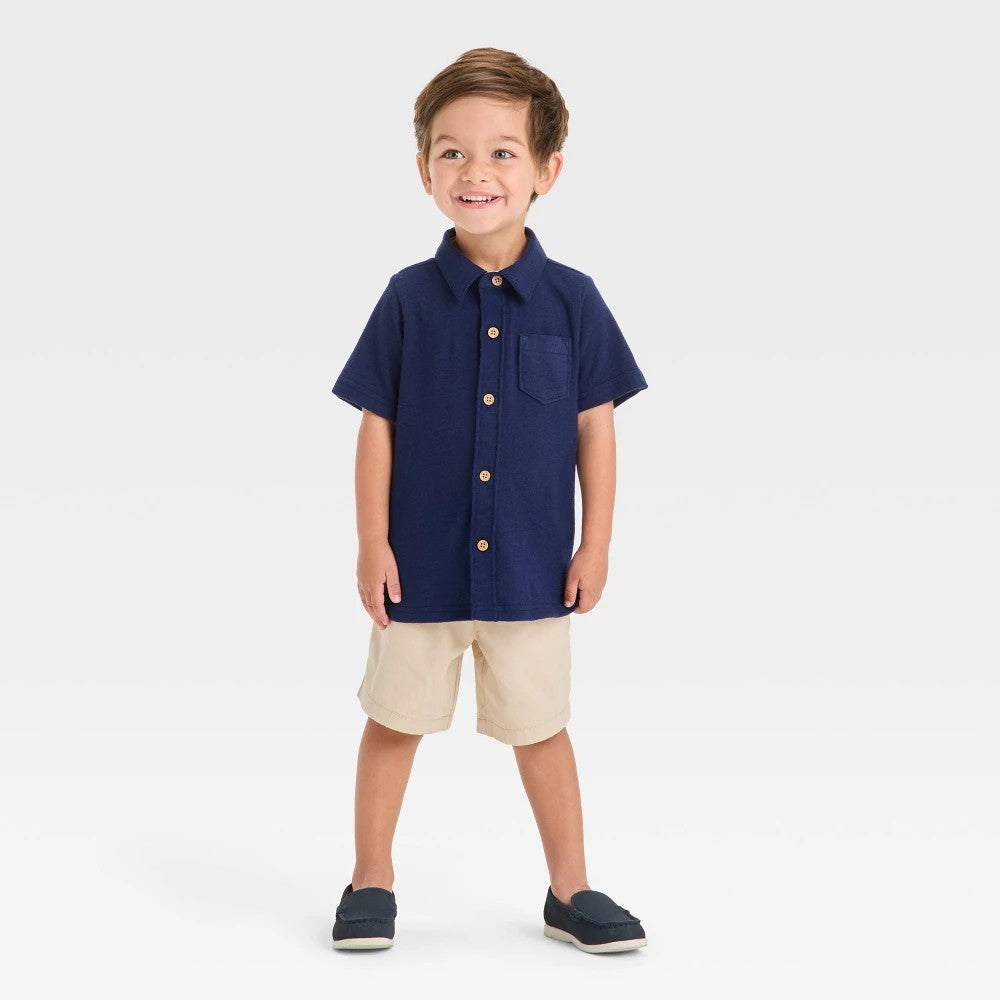 OshKosh B'gosh Toddler Boys' Button Down Top and Woven Shorts Set - Navy Blue/Khaki 18M