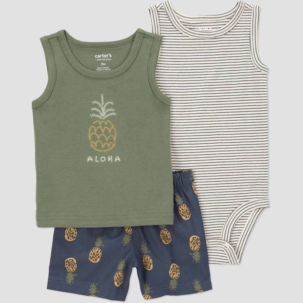 Carter's Just One You® Baby Boys' 3pc Pineapple Top & Bottom Set - Green 12M: Cotton Sleeveless Outfit