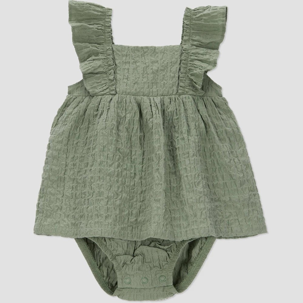 Carter's Baby Girls' Seersucker Dress Size 12M - Green Cotton Romper