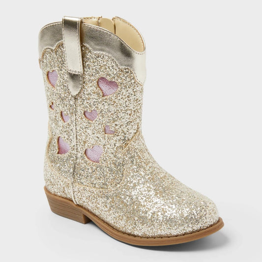 Toddler Dallas Glitter Western Boots - Cat & Jack™ Gold 9T: Zipper Closure, Flexible Outsole, Round Toe - Girl