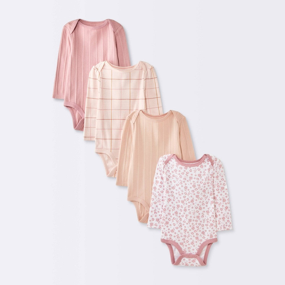 Cloud Island Floral Long Sleeve Bodysuits 3-6M, Pack of 4 - Girls