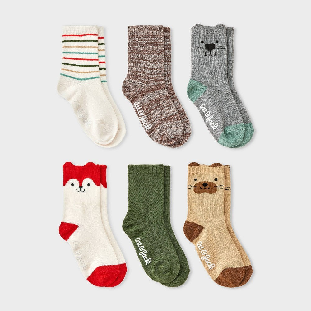 Cat & Jack Toddler Critter Crew Socks 6-Pack 4T-Cream boys