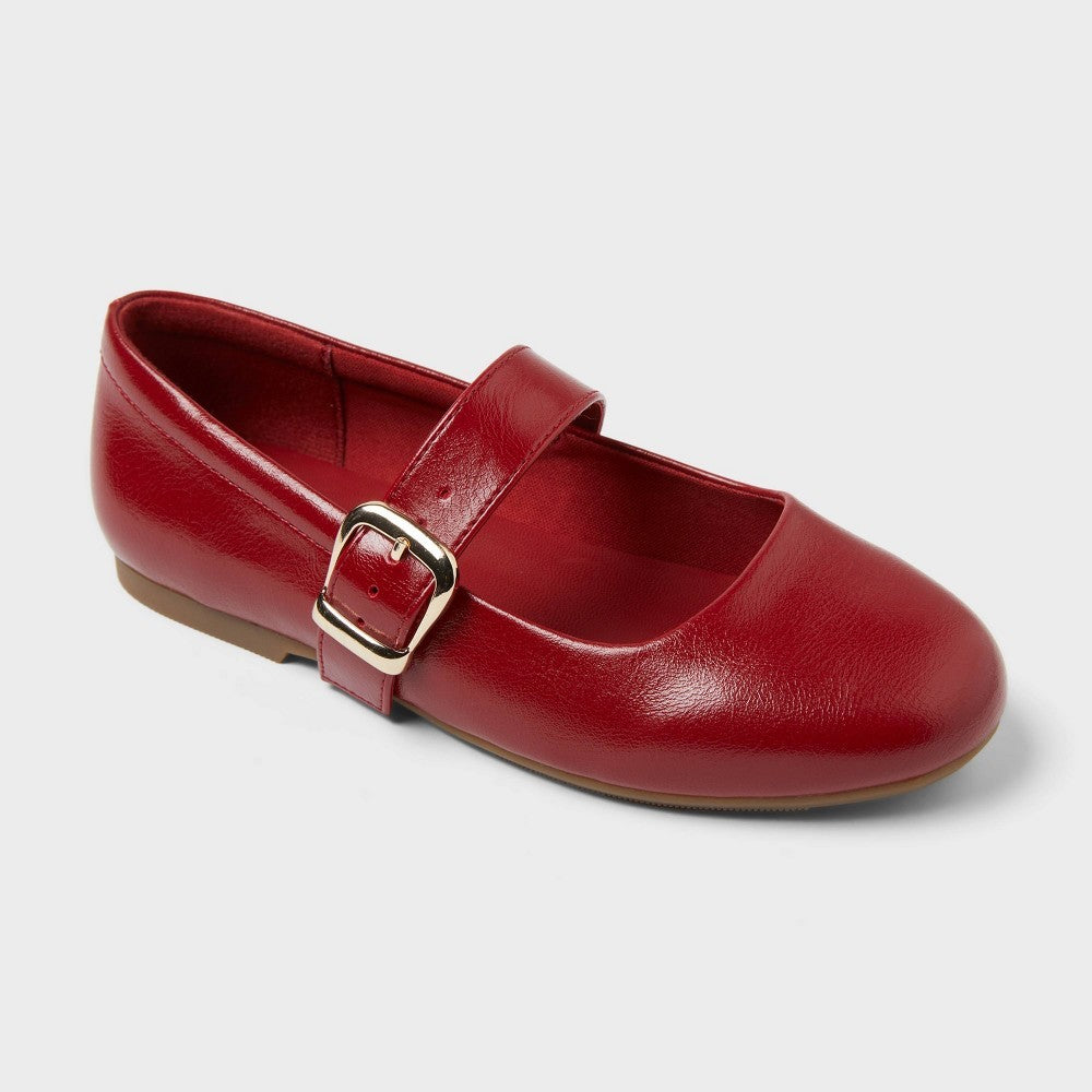 Kids' Kaira Buckle Ballet Flats - Art Class™ Red 13: Faux Leather, Cushioned Insole, Textured Outsole - Girl