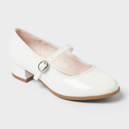 Kids' Avi Patent Dress Heels - Cat & Jack™ White 1: Adjustable Buckle Strap, Block Heel, Closed Round Toe, Textured Outsole - Girl