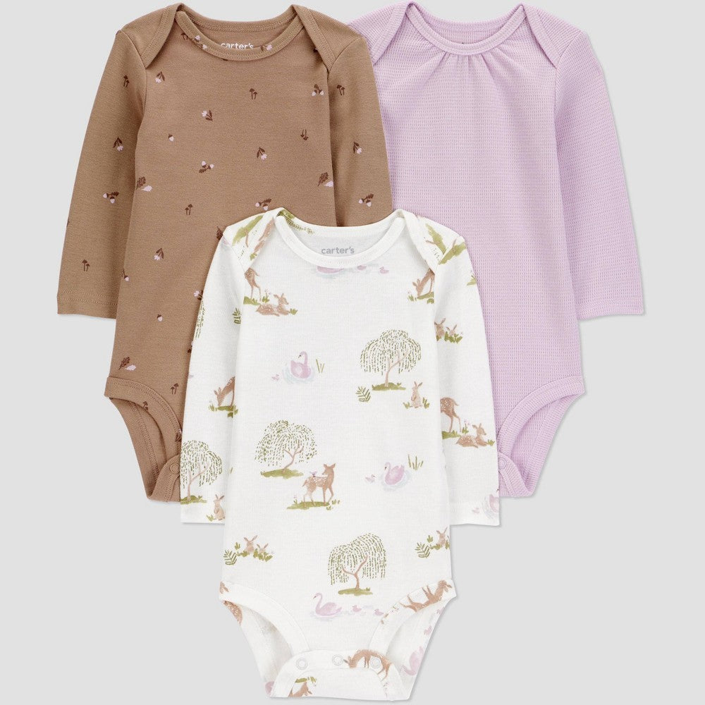 Carter's Baby Girls' 3pk Forest Long Sleeve Bodysuit - Purple 6M