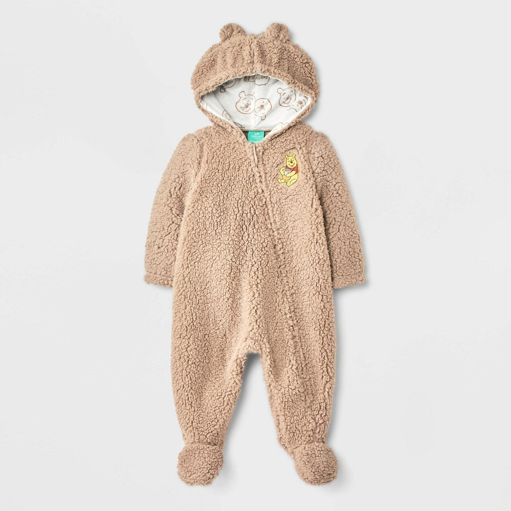 Disney Winnie The Pooh Newborn Hooded Pram Bodysuit - Brown boys