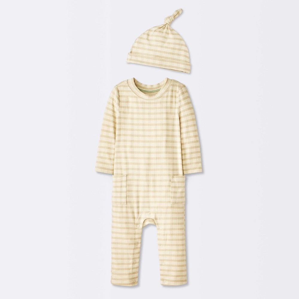 Baby Jacquard Checkered Romper & Hat - Cloud Island Tan boy 6-9M