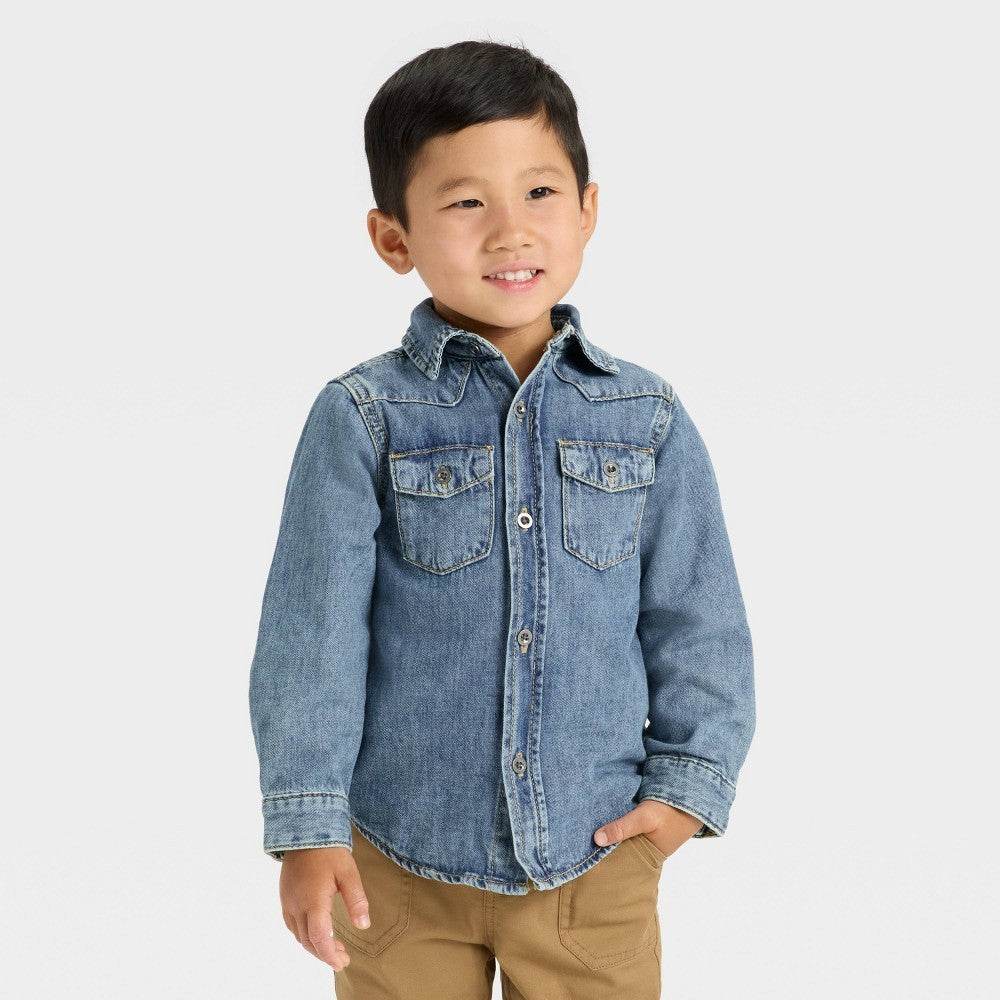 Toddler Boys' Long Sleeve Denim Button-up Jacket - Cat & Jack Dark Wash 3T