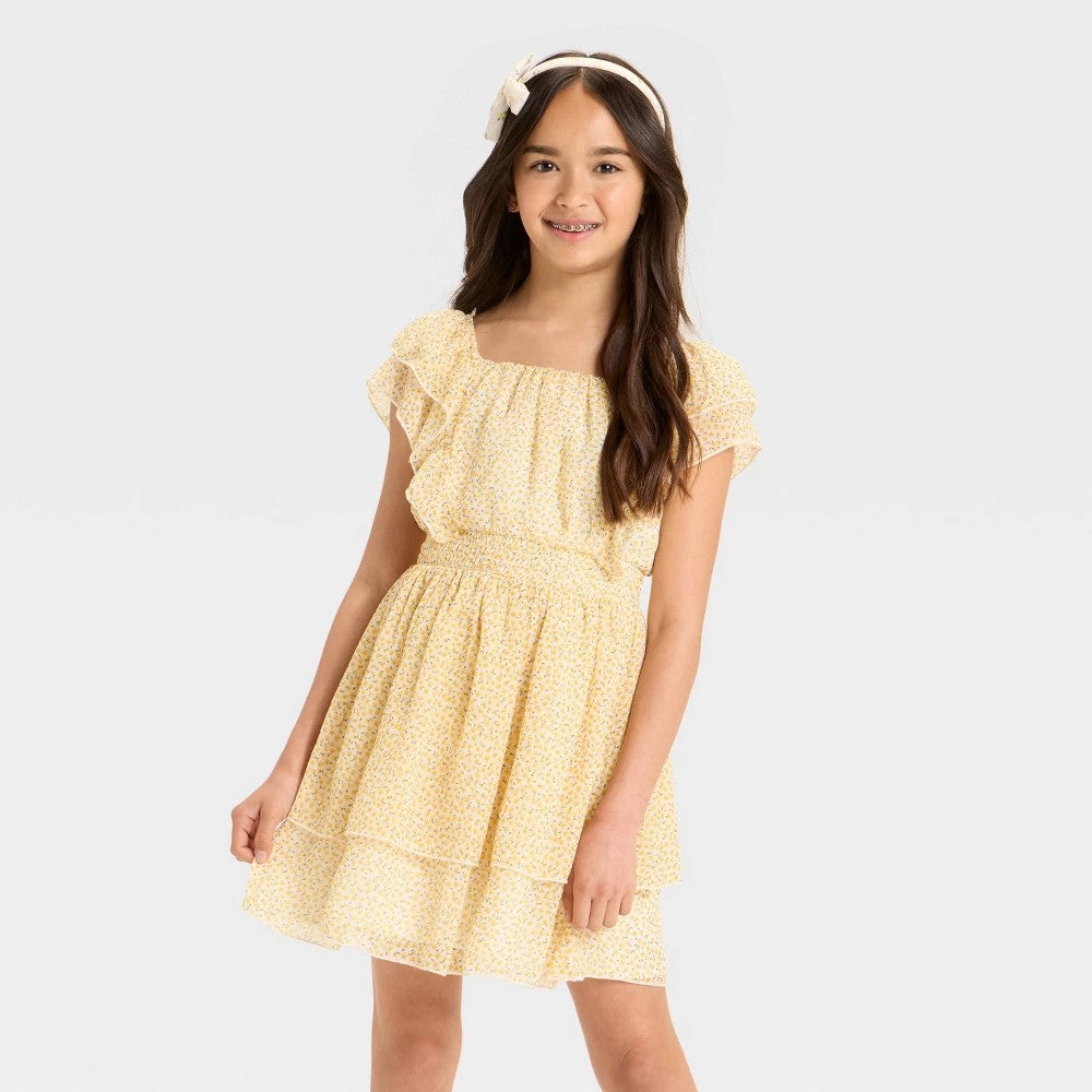 Girls' Floral Tiered Chiffon Dress - Cat & Jack™ Cream