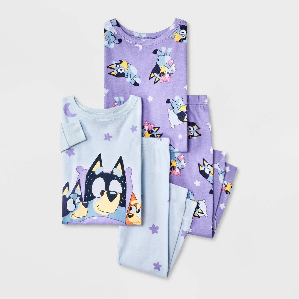 Bluey Toddler Girls' 4T Cotton Pajama Set - Blue/Purple 4pc