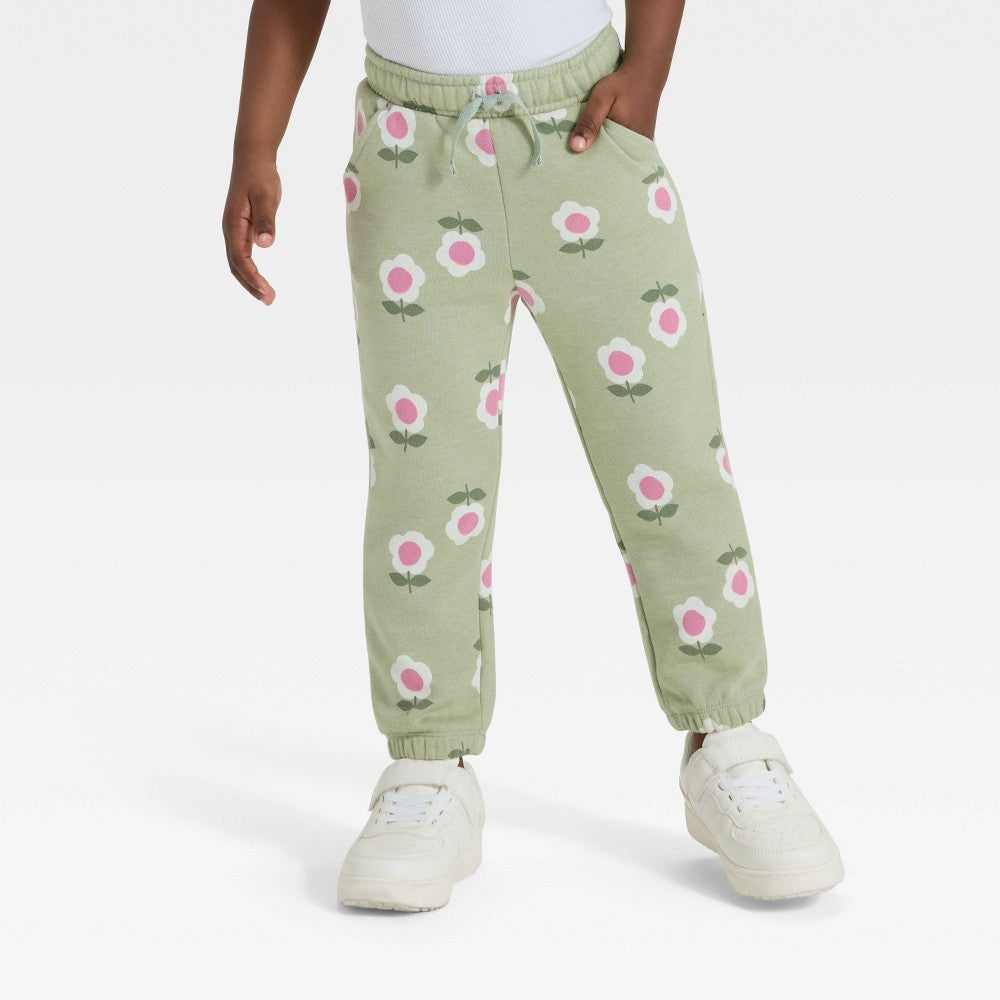 Toddler Girls' Floral Fleece Jogger Pants - Cat & Jack Olive Green 12M