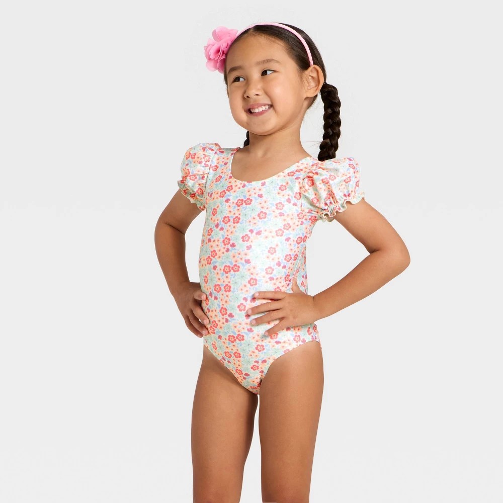 Cat & Jack Toddler Girls' Floral Swimsuit Puff Sleeve 5T