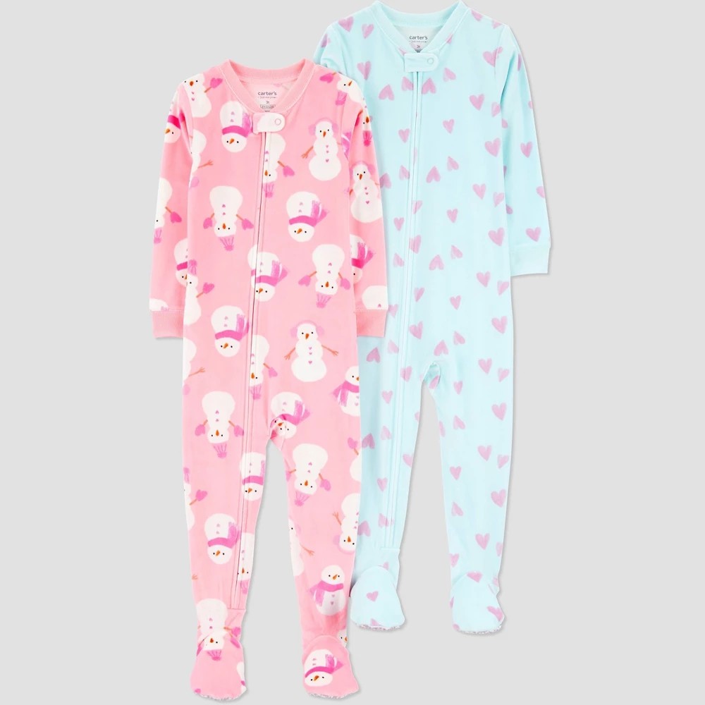 Carter's Girls' 2pk Snug Fit Snowman & Heart Long Sleeve Velour Footed Pajama 2T