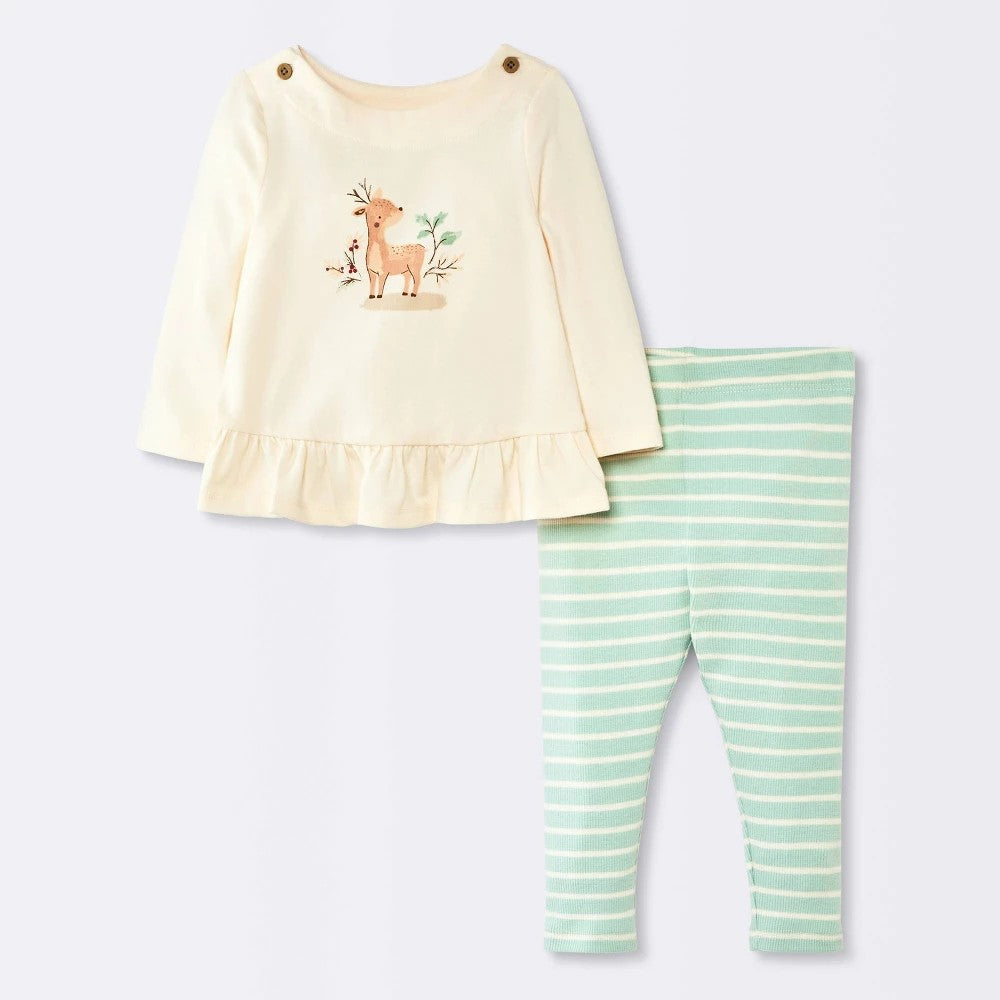 Cloud Island Baby Girls' Deer Ruffle T-Shirt & Striped Leggings Set 0-3M