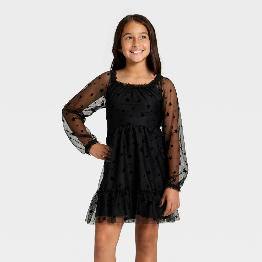 Cat & Jack Girls' Long Sleeve Flocked Mesh Dress Black XS