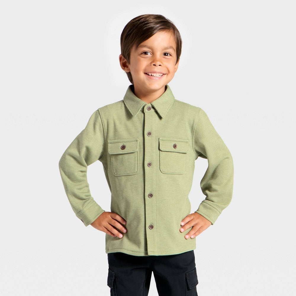 Toddler Boys' Long Sleeve Button-up Shirt - Cat & Jack Olive Green 12M