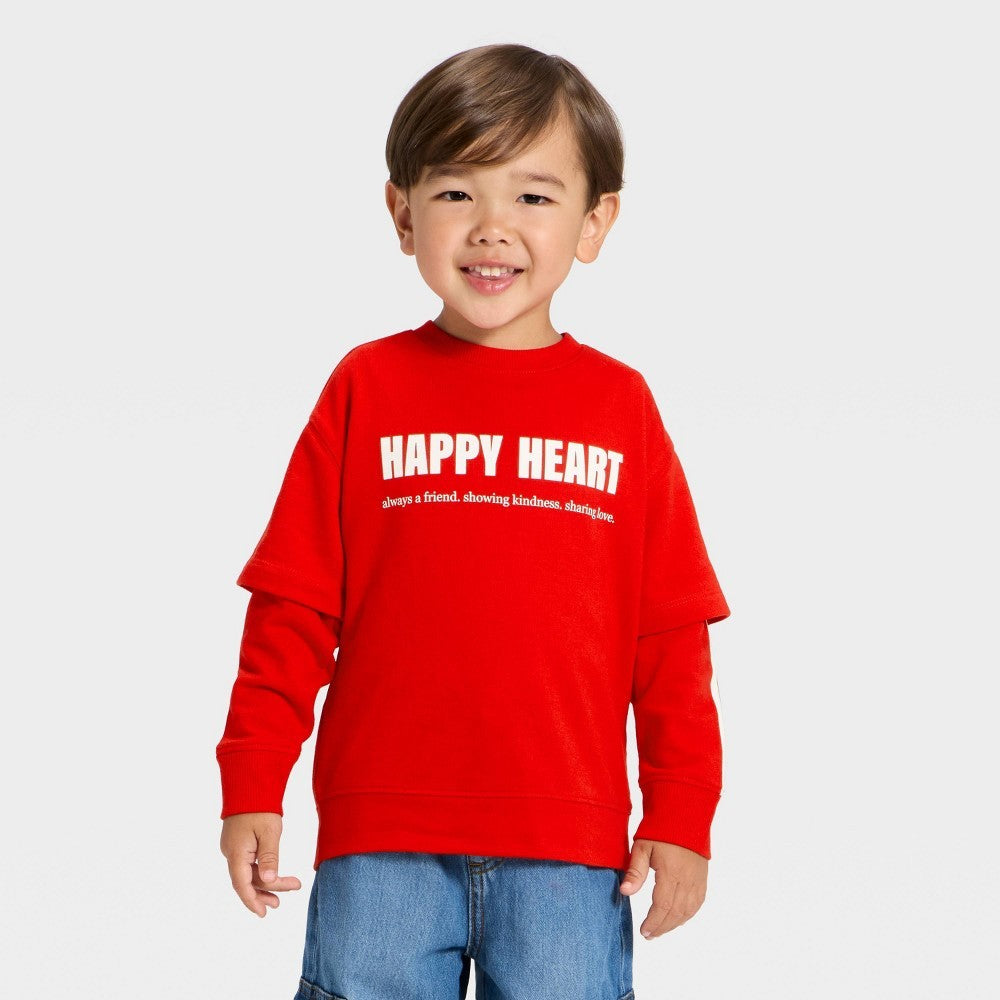 Cat & Jack Toddler Boys' Happy Heart Sweatshirt Red 3T