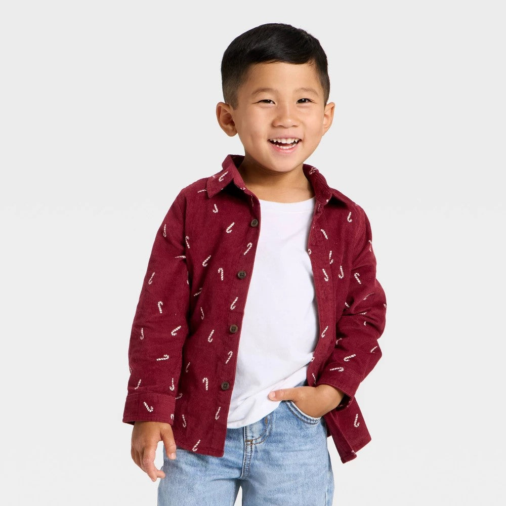 Cat & Jack Toddler Boys' Candy Cane Shirt - Maroon 18M