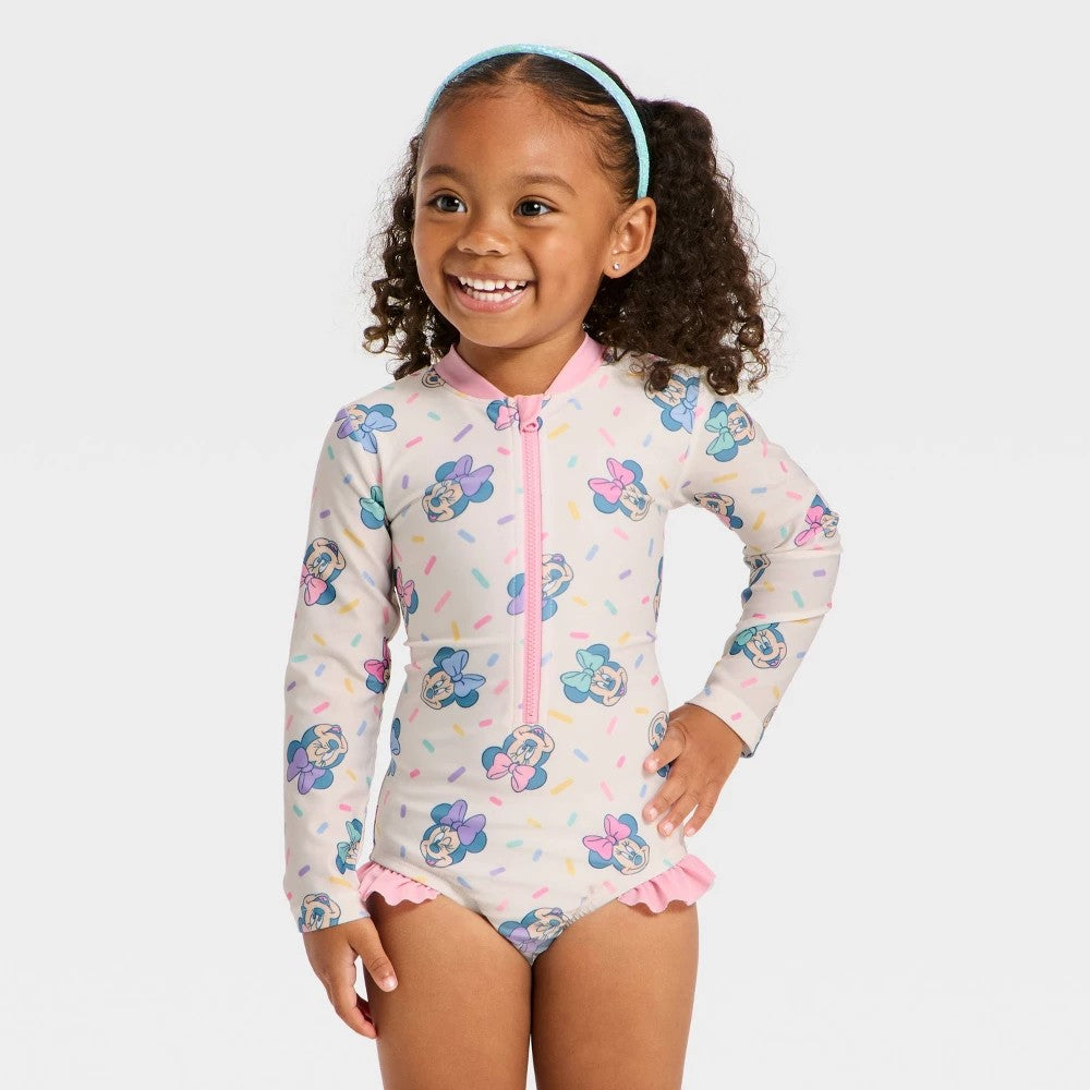 Toddler Girls' Disney Long Sleeve Minnie Mouse Sprinkle Printed One Piece Rash Guard - White 5T