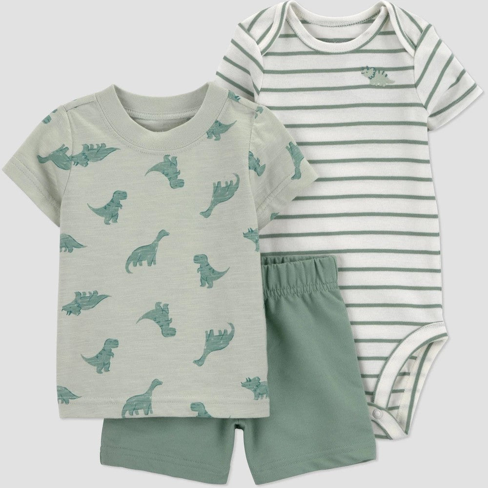 Carter's Baby Boys' 3pc Dinosaur T-Shirt with Bodysuit and Shorts Set - Green 9M