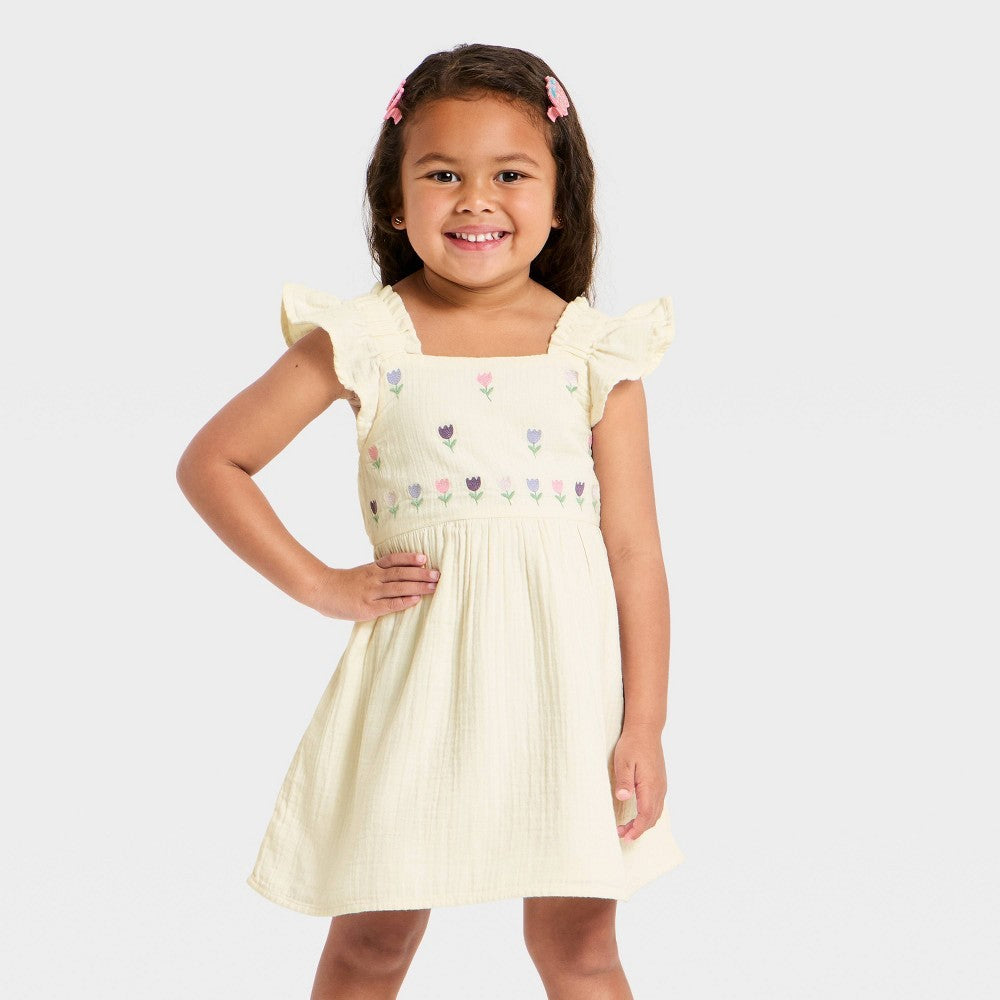 Toddler Girls' Tulip Embroidered Woven Gauze Dress - Cat & Jack Cream 5T