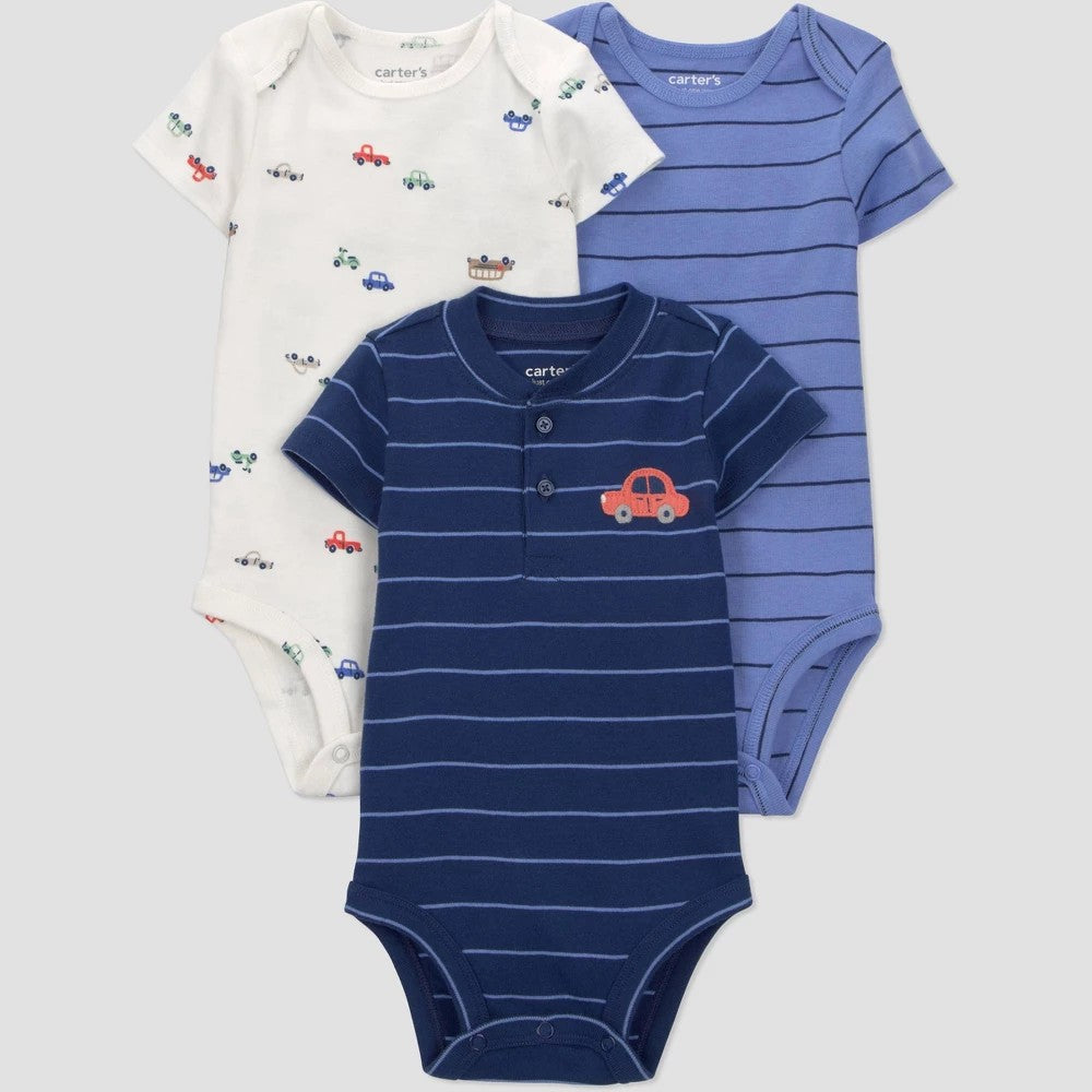 Carter's Baby Boys' 3pk Striped Cars Short Sleeve Bodysuit -Newborn