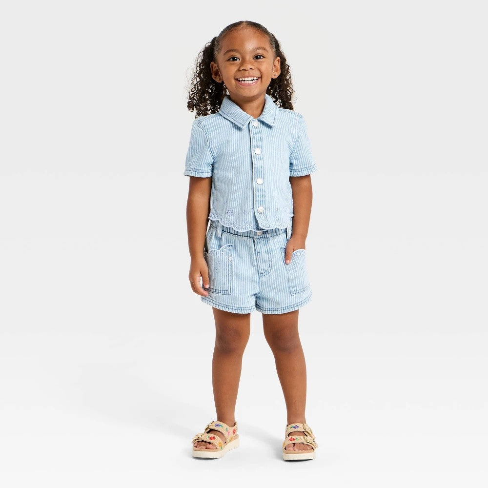 Toddler Girls' Striped Denim Dress Set - Cat & Jack Light Wash 4T