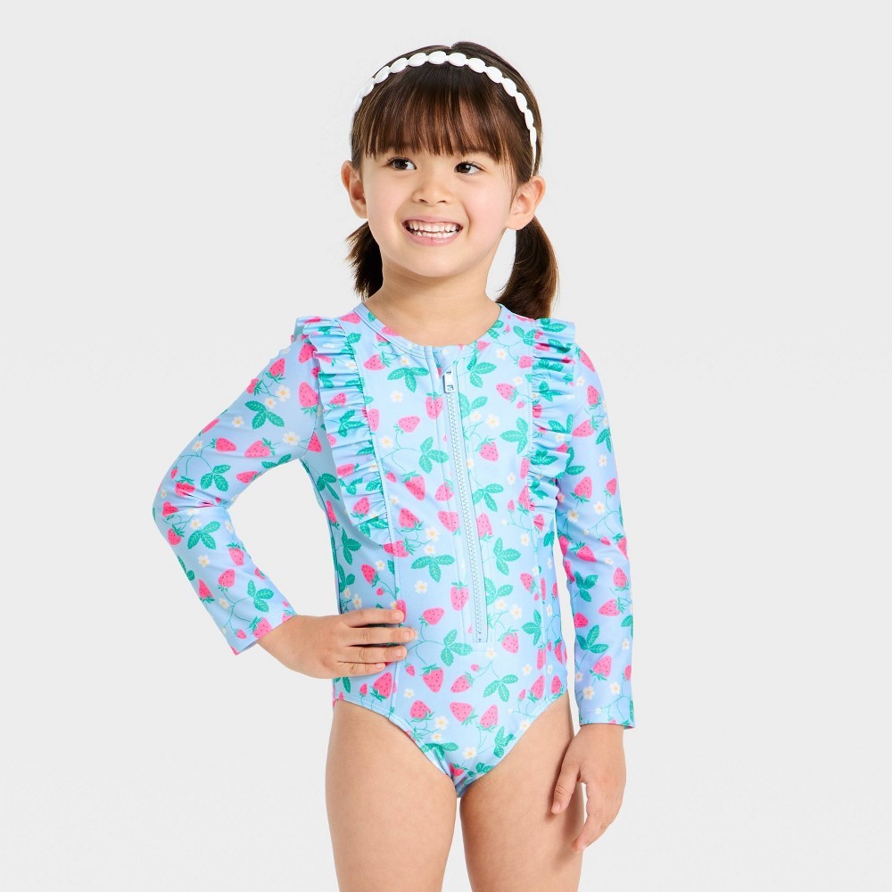 Toddler Girls' Strawberry Long Sleeve One Piece Swimsuits - Cat & Jack Blue 5T