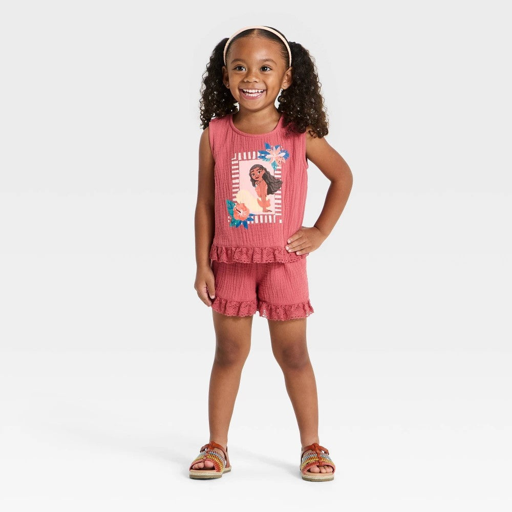 Disney Moana Toddler Girls' 2pc Ruffle Gauze Tank and Shorts Set - Mauve 5T