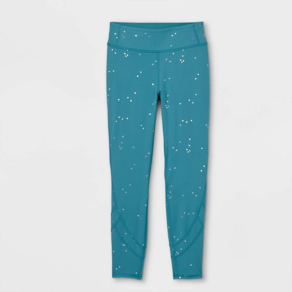 All in Motion Girls' Teal Blue Silver Star Print Leggings - Size XS